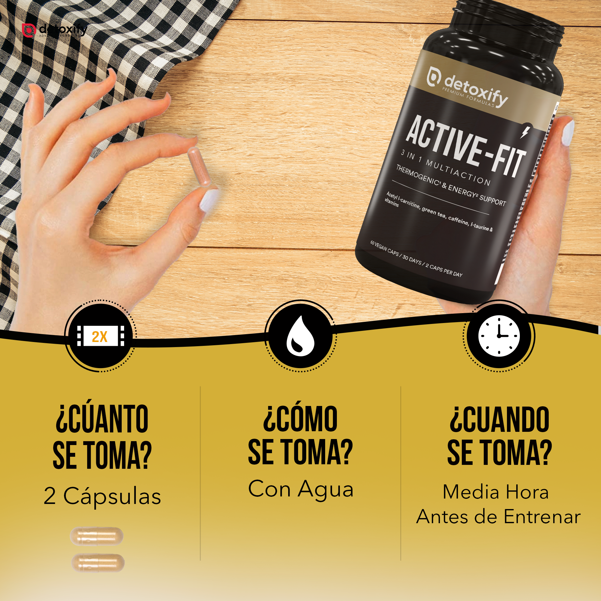 Detoxify Active-Fit | Termogénico Potente Para Emagrecer | L-Carnitina, Chá Verde | Emagrecimento Rápido e Eficaz Mulher | 60 Cápsulas | 30 Dias