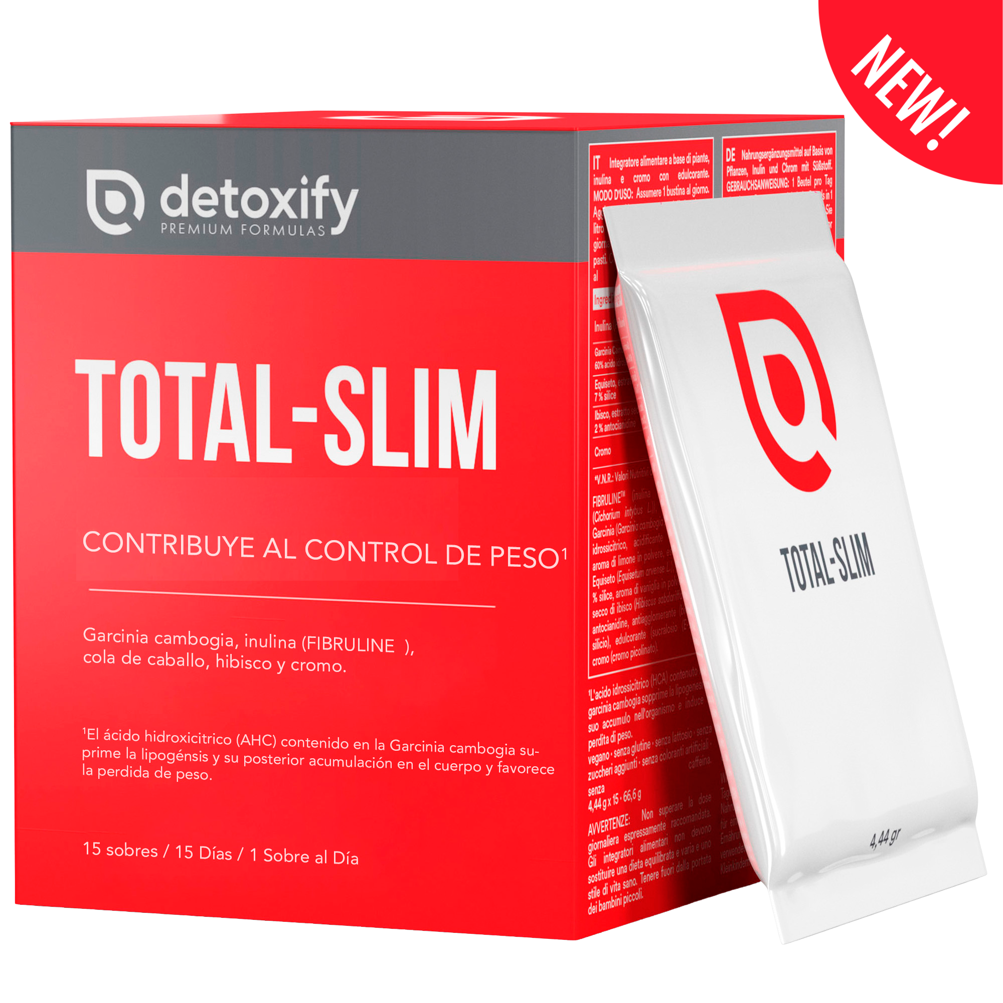 Detoxify Total-Slim | Queimador de Gordura Potente para Emagrecer | Potente Saciante em Saquetas | Garcinia Cambogia Crómio Cavalinha Hibisco | Emagrecimento Rápido e Eficaz Mulher | 15 Dias