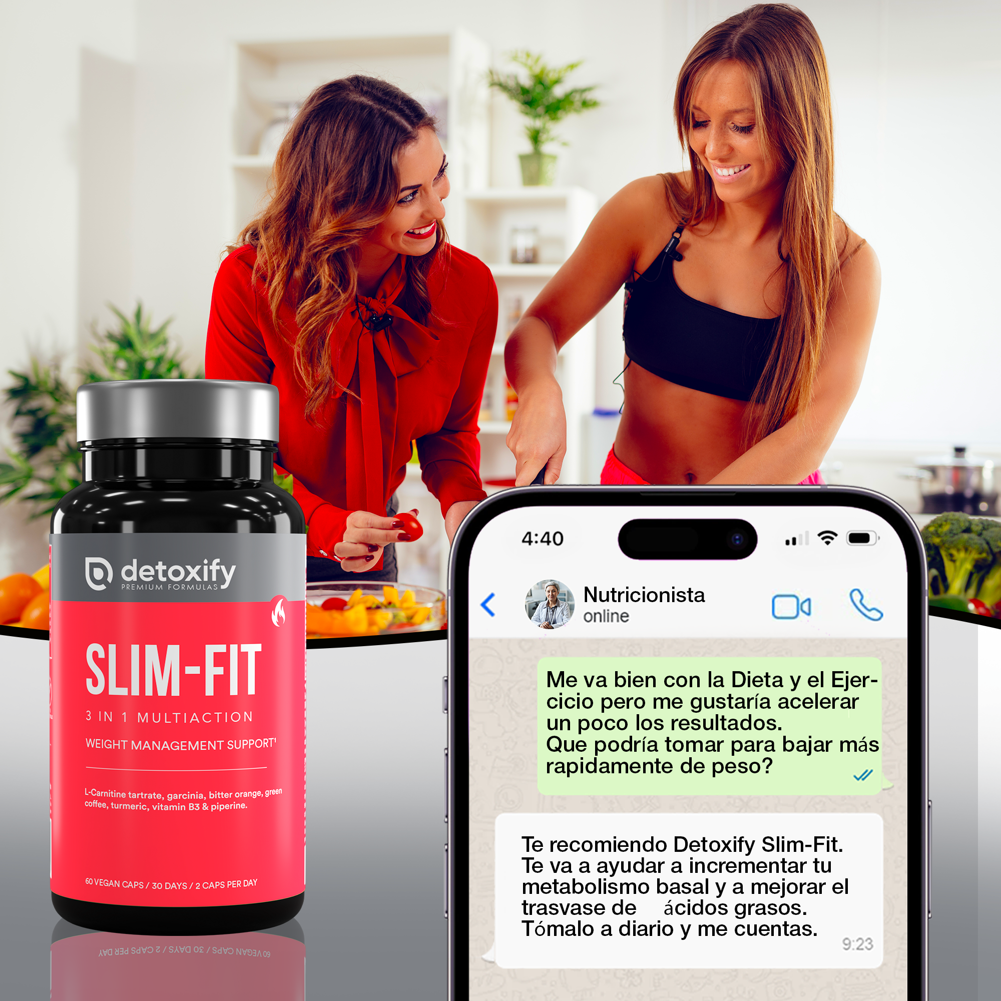 Detoxify Slim-Fit | Queimador de Gordura Potente Para Emagrecer | L-Carnitina Piperina Garcinia Laranja Amarga Café Verde | Sem Cafeína | 30 Dias