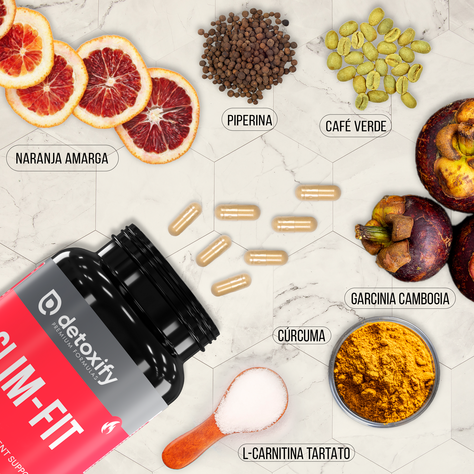 Detoxify Slim-Fit | Queimador de Gordura Potente Para Emagrecer | L-Carnitina Piperina Garcinia Laranja Amarga Café Verde | Sem Cafeína | 30 Dias
