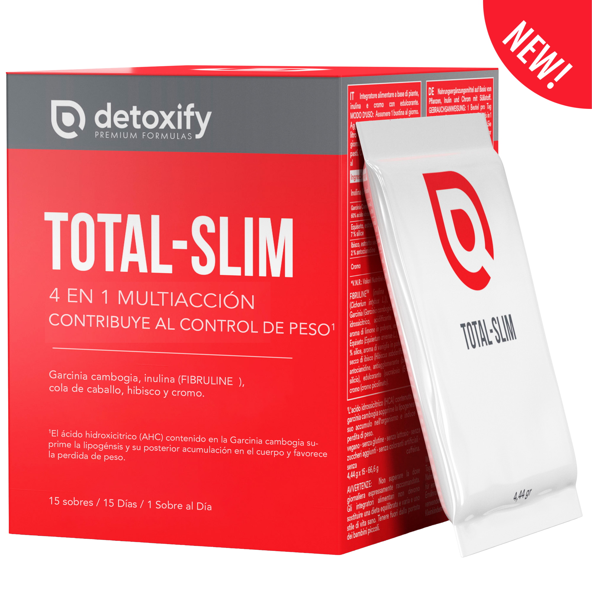 Detoxify Total-Slim | Queimador de Gordura Potente para Emagrecer | Potente Saciante em Saquetas | Garcinia Cambogia Crómio Cavalinha Hibisco | Emagrecimento Rápido e Eficaz Mulher | 15 Dias